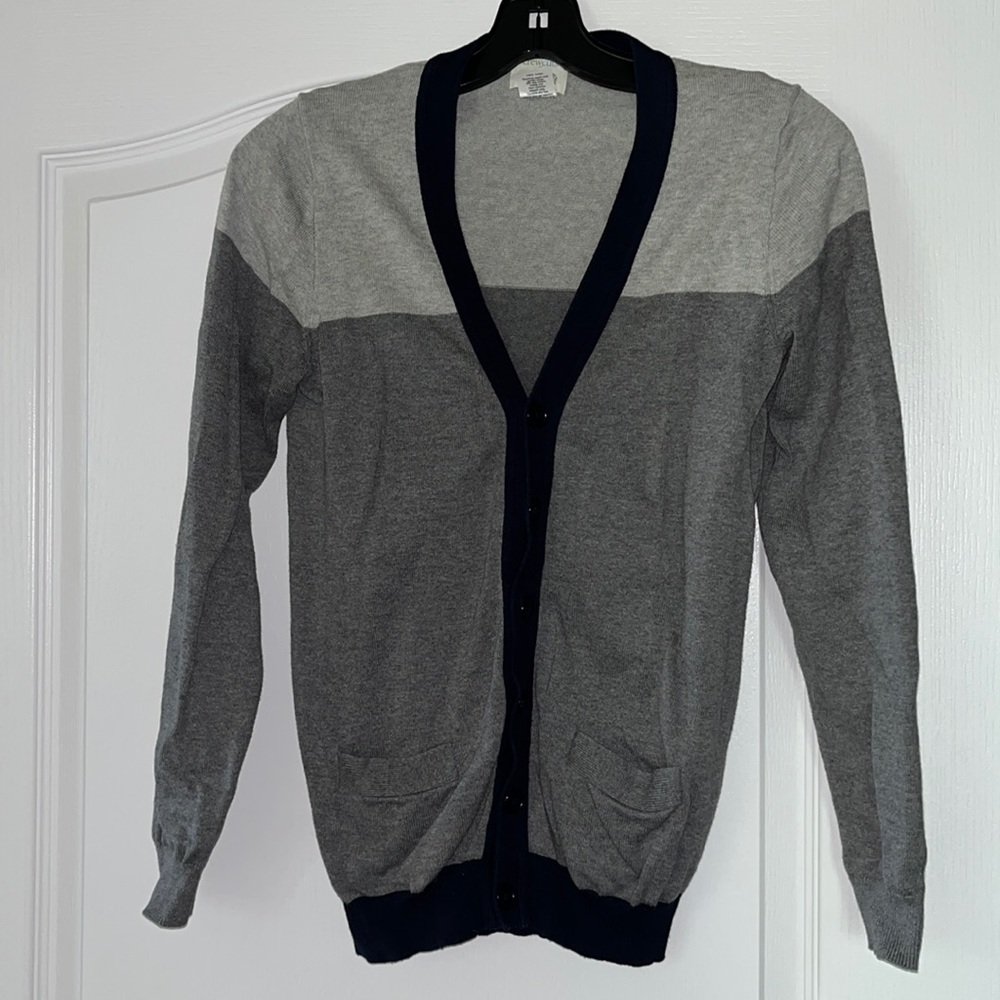 BOYS JCREW CREWCUTS CARDIGAN SZ 14 WORN ONCE GRAY/NAVY BLUE.